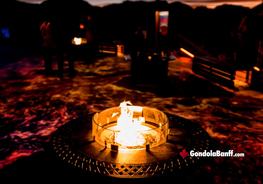Banff Gondola Winter Nightrise Lower Patio Fire and Light Show