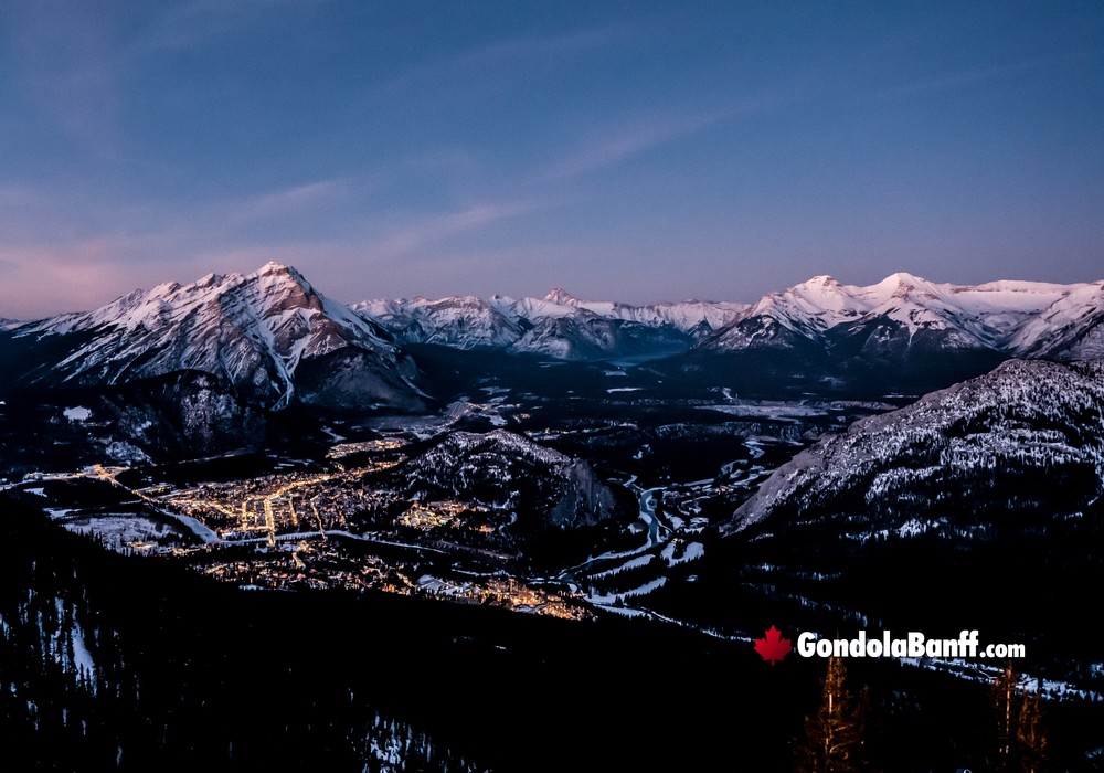 Banff Gondola Winter Nightrise Wide Banff Townsite Picture
